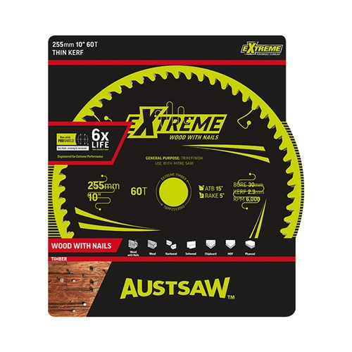 Austsaw Extreme: Wood with Nails Blade 255mm x 30 Bore x 60 T Thin Kerf