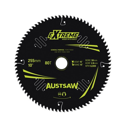 Austsaw Extreme: Wood with Nails Blade 255mm x 30 Bore x 80 T Thin Kerf