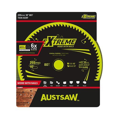 Austsaw Extreme: Wood with Nails Blade 255mm x 30 Bore x 80 T Thin Kerf