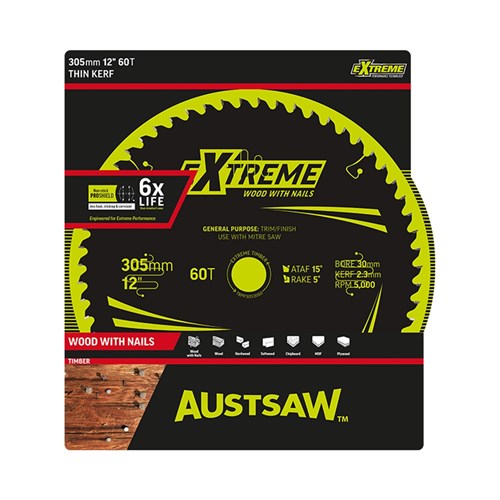 Austsaw Extreme: Wood with Nails Blade 305mm x 30 Bore x 60 T Thin Kerf