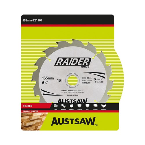 Austsaw Raider Timber Blade 165mm x 20 Bore x 16 T Thin Kerf