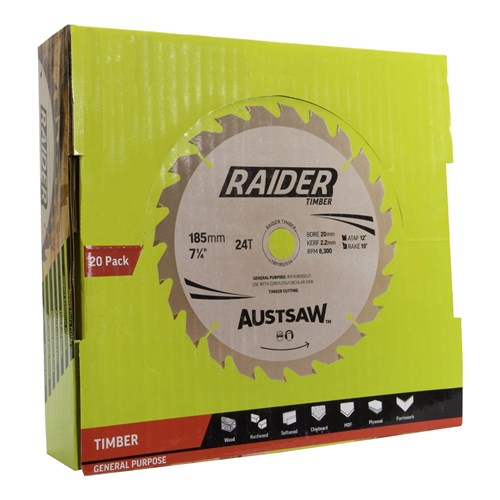 Austsaw Raider Timber Blade 185mm x 20/16 Bore x 24 T Bulk Pack (x20)