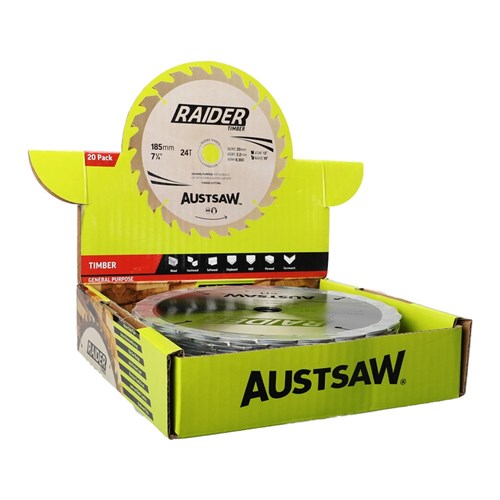 Austsaw Raider Timber Blade 185mm x 20/16 Bore x 24 T Bulk Pack (x20)