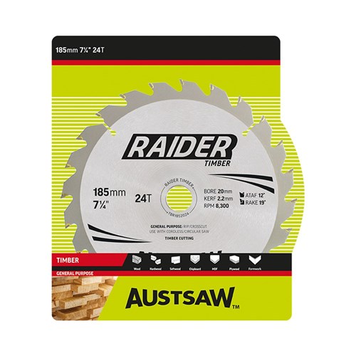 Austsaw Raider Timber Blade 185mm x 20/16 Bore x 24 T