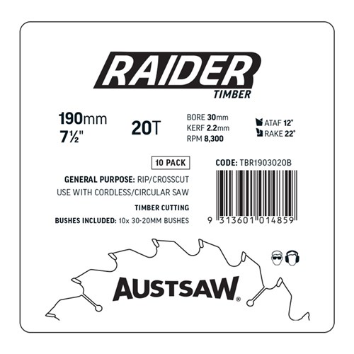 Austsaw Raider Formwork Timber Blade 190mm x 30/20 Bore x 20T | Trade 10 Pack