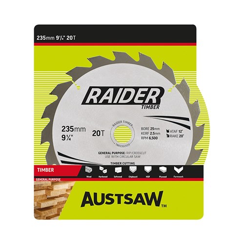 Austsaw Raider Timber Blade 235mm x 25 Bore x 20 T Thin Kerf