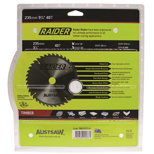 Austsaw Raider Timber Blade 235mm x 25 Bore x 40 T Thin Kerf