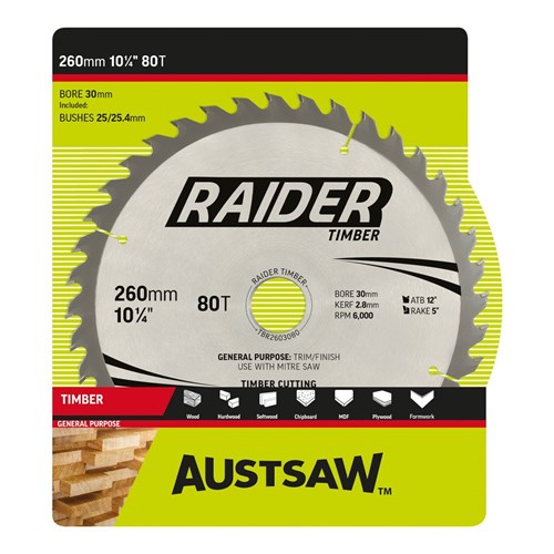 Austsaw Raider Timber Blade 260mm x 30 Bore x 80 T Thin Kerf