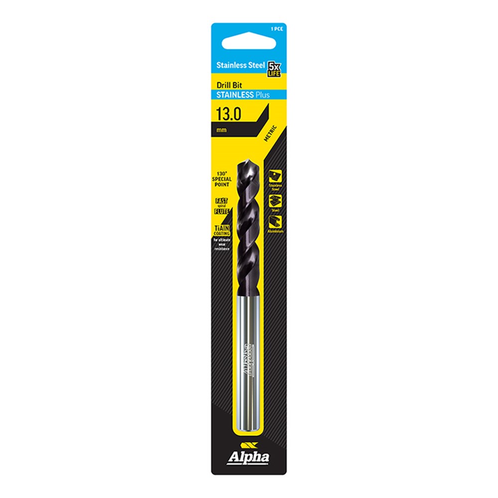 ALPHA JOBBER DRILL CARDED 13.0MM - STAINLESS PLUS