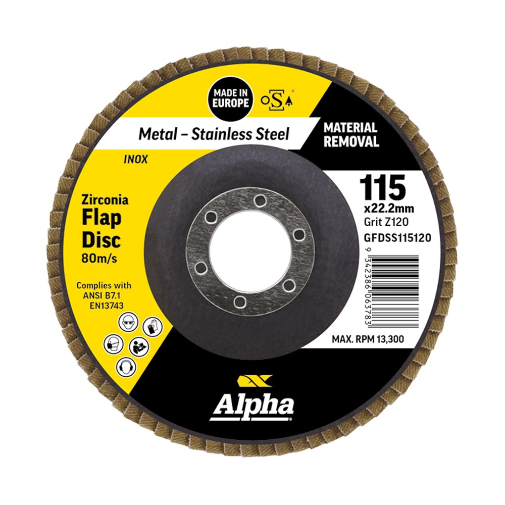 ALPHA ZIRCONIA FLAP DISC INOX STAINLESS 115MM X 120 GRIT